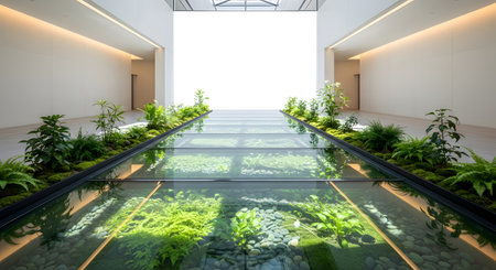 A bright, minimalist corridor featuring a transparent glass floor revealing a lush green garden below. The modern architectural design uses soft lighting and a clean aesthetic.の素材