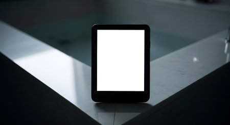 A sleek, black e-reader with a blank white screen sits on a reflective surface, highlighting its minimalist design.の素材