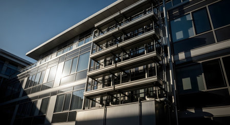 A contemporary office building showcases its sleek facade featuring large, reflective glass windows and a prominent steel structural framework against a clear blue sky.の素材