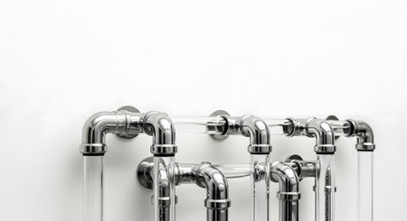 Close-up view of a clean, modern plumbing system featuring shiny chrome pipes and valves against a white background.の素材