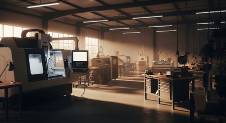 A well-lit industrial workshop featuring advanced CNC machinery, workbenches, and shafts of sunlight streaming through windows, highlighting a clean and efficient manufacturing environment.の素材
