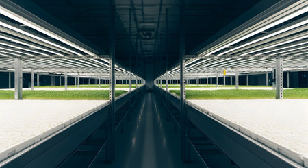 Symmetrical view of a futuristic vertical farm, showcasing rows of lush green plants cultivated under bright LED lights, emphasizing advanced agriculture.の素材