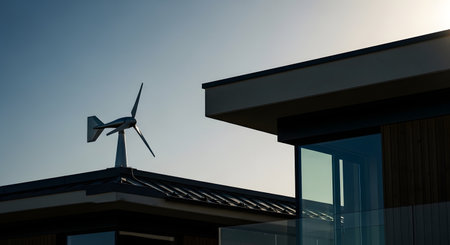 A small wind turbine is mounted on the roof of a modern building, suggesting renewable energy use.の素材