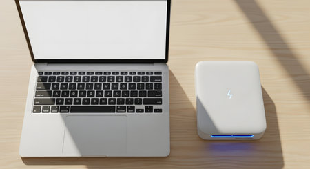 A sleek, modern laptop sits next to a white wireless router on a light wooden surface, suggesting a home office or tech setup.の素材