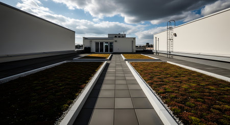 A modern rooftop garden featuring lush green roofs, a paved walkway, and a contemporary building under a cloudy sky.の素材