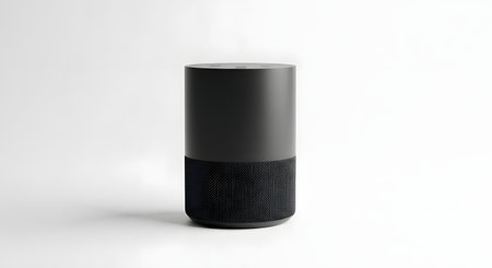 A sleek, modern smart speaker with a two-tone design, isolated on a seamless white studio background.の素材