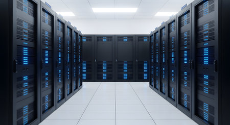 A clean and modern server room with rows of black server racks illuminated by blue lights, creating a futuristic and high-tech atmosphere.の素材