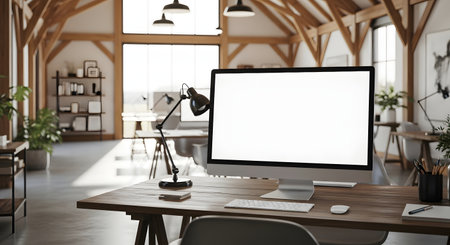 Front view of a desktop computer mockup with a blank screen on a rustic wooden table. The background is a bright, modern, and spacious industrial loft or studio workspace.の素材