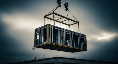A prefabricated modular building unit is suspended in the air by a crane, showcasing modern construction techniques against a cloudy, atmospheric backdrop.の素材