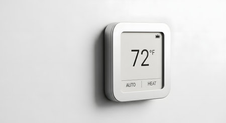 A sleek, white smart home thermostat mounted on a plain white wall. The digital screen shows a comfortable room temperature of 72 degrees Fahrenheit, representing energy efficiency.の素材