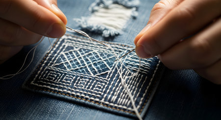 A person carefully sews a geometric patterned patch onto blue denim fabric. This visible mending technique, similar to Japanese boro or sashiko, repairs and beautifies clothing.の素材