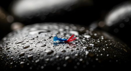 A macro shot of a dark, wet stone covered in water droplets, with a small, colorful pin resting on its surface.の素材