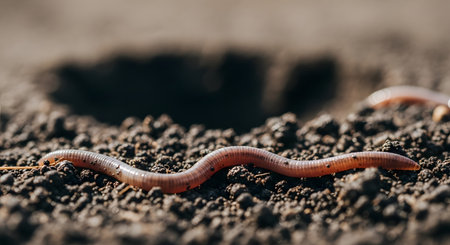 A detailed macro shot of an earthworm moving across the textured surface of rich, dark soil.の素材