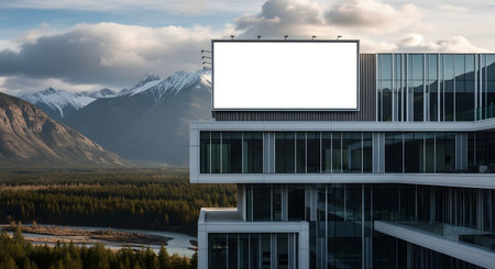 A contemporary building with a large, empty billboard is set against a backdrop of majestic mountains and a forest.の素材