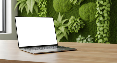 A sleek, modern laptop with a blank white screen rests on a light wooden desk. Behind it, a vibrant vertical garden wall filled with lush green plants creates a natural and refreshing backdrop.の素材