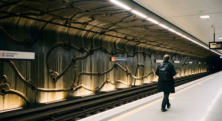A lone figure walks along a brightly lit subway platform, showcasing the unique artistic mural adorning the station wall.の素材
