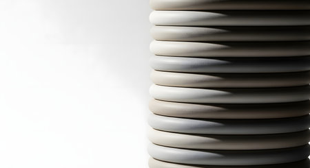 A stack of ceramic plates in various neutral colors, casting shadows and highlights.の素材