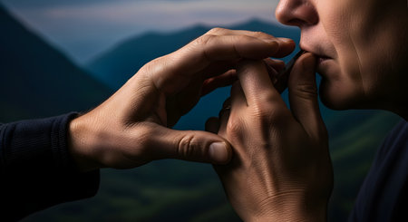 A detailed close-up shot focusing on two hands carefully holding a small object, with a soft-focus mountain range in the background.の素材
