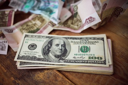 100 dollars backgrounds Russian rublesの写真素材