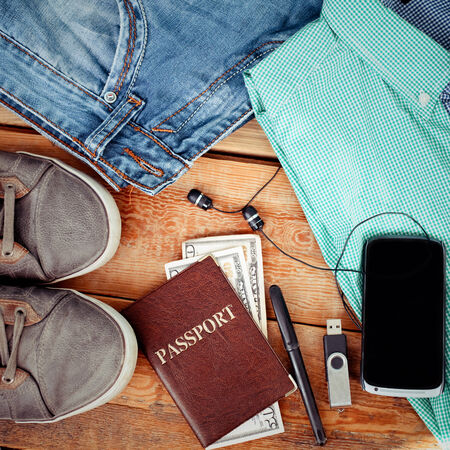 Man is accessories on a wooden backgroundの写真素材