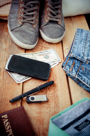 Man clothing and accessories on a wooden backgroundの写真素材