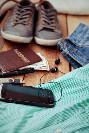 Man clothing and accessories on a wooden backgroundの写真素材