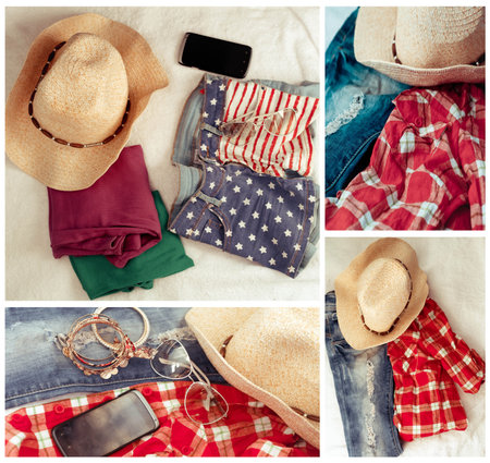 Overhead of essentials of a modern woman.Outfit of casual woman.