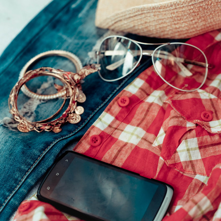 Overhead of essentials of a modern woman.の写真素材