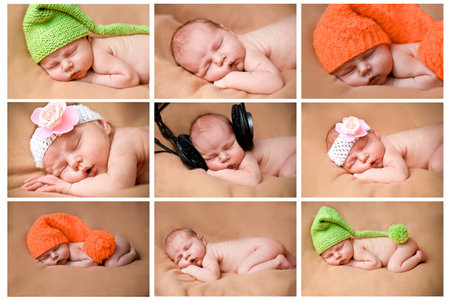 set of funny babies or children weared in hats .collage backgroundの写真素材