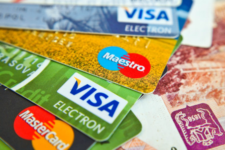 KIEV UKRAINE on June 15: Heap of credit cards Visas and MasterCard Ukraine on june 15 2015.Pile of Visa credit cards. Visa and master card is biggest credit card.のeditorial素材