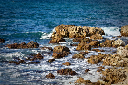 rocky sea coastline at the evening