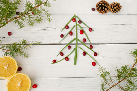 Fir-tree from green onions decorated with berries. Concept of healthの写真素材