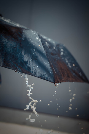 Close up a black umbrella, with drops from a rain. Rainy day.の写真素材