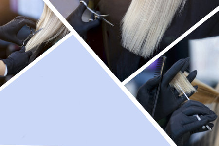 Collage. A hairdresser in rubber gloves holds a pair of scissors and a comb. Woman getting a new...