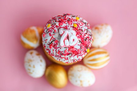Easter Cakes - Traditional Kulich and golden eggs on a pink background. Paska Easter Bread in...
