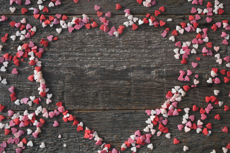 Sweet hearts in the shape of a heart on a wooden background. Frame in the heart of valentines day...