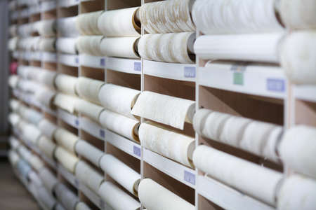 Wall-papers is in a shop. Samples of different wallpapers on store window racksの写真素材