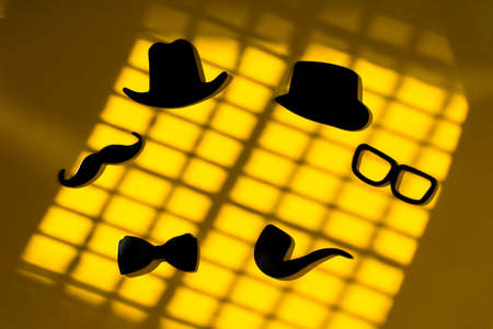 Happy Fathers Day sticker, black hat, bow tie, glasses and mustache, on yellow. Hipster objects. Father's Day is a holiday. Design Blank space for an inscription. Flat composition with greeting card.の写真素材