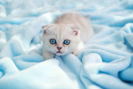 A beautiful little white-gray kitten with blue eyes lies on a bedspread. Cute scottish fold cat...