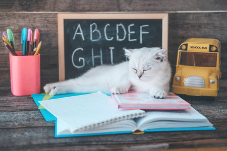 A small white kitten sleeps on open books against the background of a school board with the English alphabet. The cat is tired of doing homework. Back to school concept.の写真素材