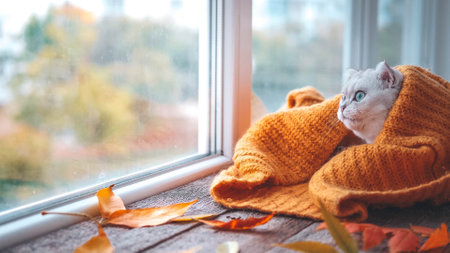 The Scottish cat rests on the windowsill and wraps himself in a warm knitted sweater. The kitten looks out the window.の写真素材