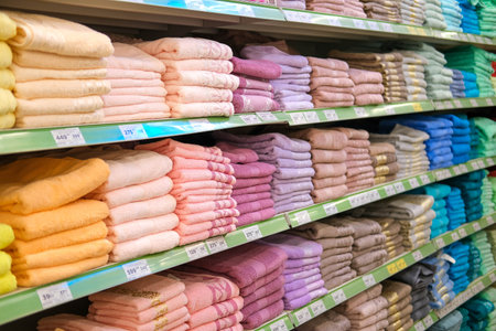 Store shelves with towels. Shop with a wide range of towels.の写真素材