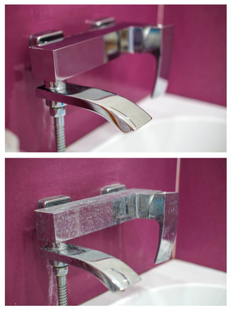 Mixer before and after applying the cleaning agent. Dirty with a coating and a clean faucet. Collageの写真素材