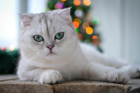 Portrait of a charming cat on a blurred Christmas background. Christmas kitten on the background of the Christmas tree and the lights of garlands.の写真素材