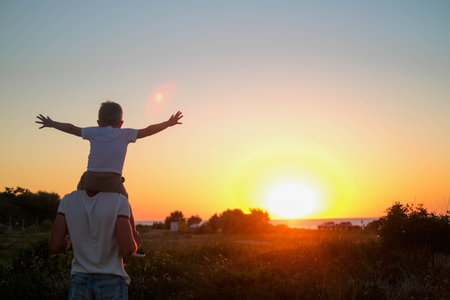 Dad carries a little son on his shoulders walking across the field against the backdrop of a sunset in the sky, back viewの写真素材