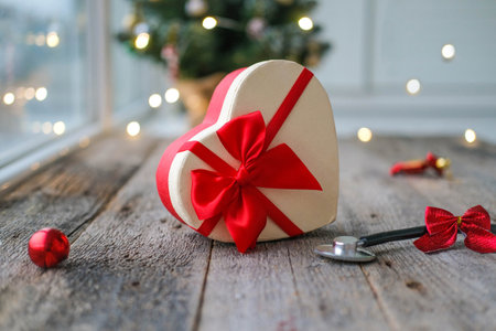 Stethoscope and a box with a gift on a Christmas background. Health care greeting card. copyspace.の写真素材