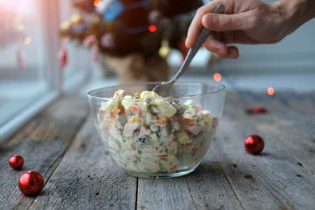 Homemade New Year is Olivier salad on a wooden background. A man's hand puts a traditional Russian Christmas salad with a spoon.の写真素材