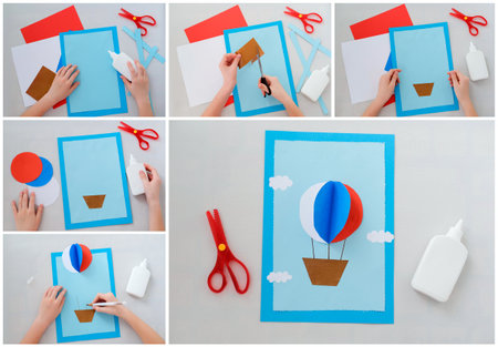 Balloon step by step instructions from colored paper. DIY concept. Step by step photo instructions. Application. Collageの写真素材