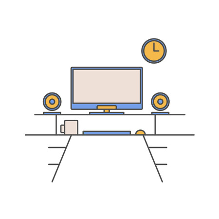 Thin line flat design of workplace. Modern vector illustration concept, isolated on white background.のイラスト素材