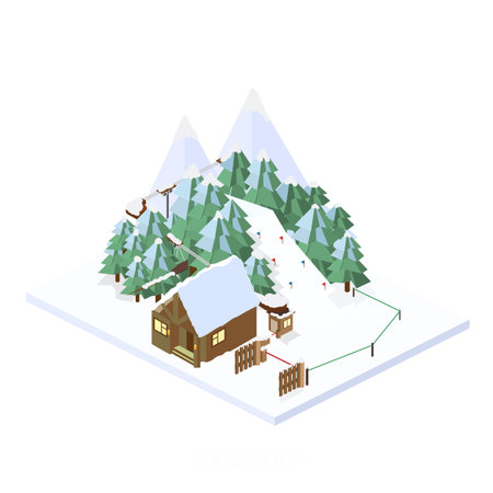 Ski Resort. Mountain landscapes. Vector isometric illustrations. The ski resort in the high snowyのイラスト素材